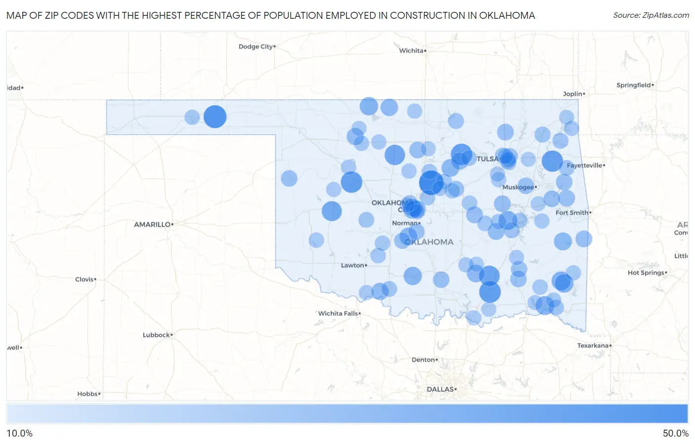 Zip Codes with the Highest Percentage of Population Employed in Construction in Oklahoma Map
