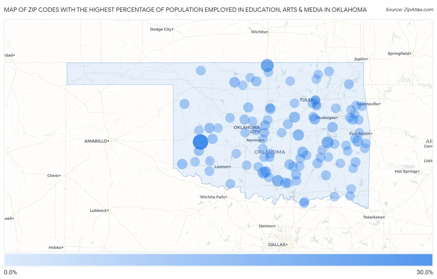 Zip Codes with the Highest Percentage of Population Employed in Education, Arts & Media in Oklahoma Map