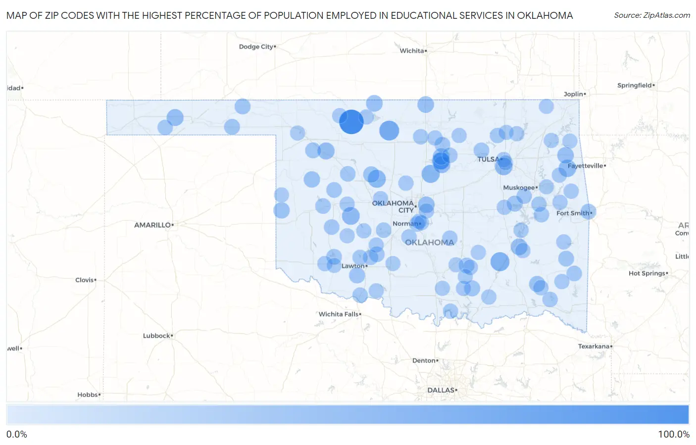 Zip Codes with the Highest Percentage of Population Employed in Educational Services in Oklahoma Map