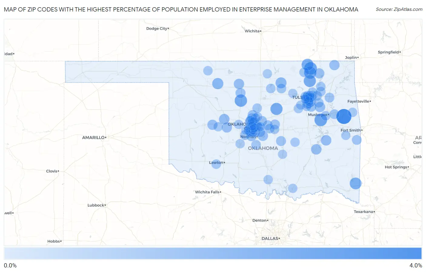 Zip Codes with the Highest Percentage of Population Employed in Enterprise Management in Oklahoma Map