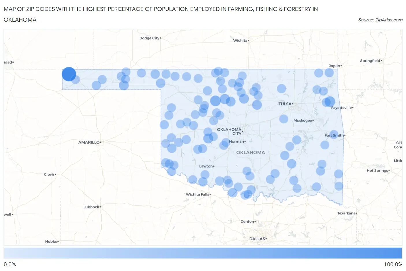 Zip Codes with the Highest Percentage of Population Employed in Farming, Fishing & Forestry in Oklahoma Map