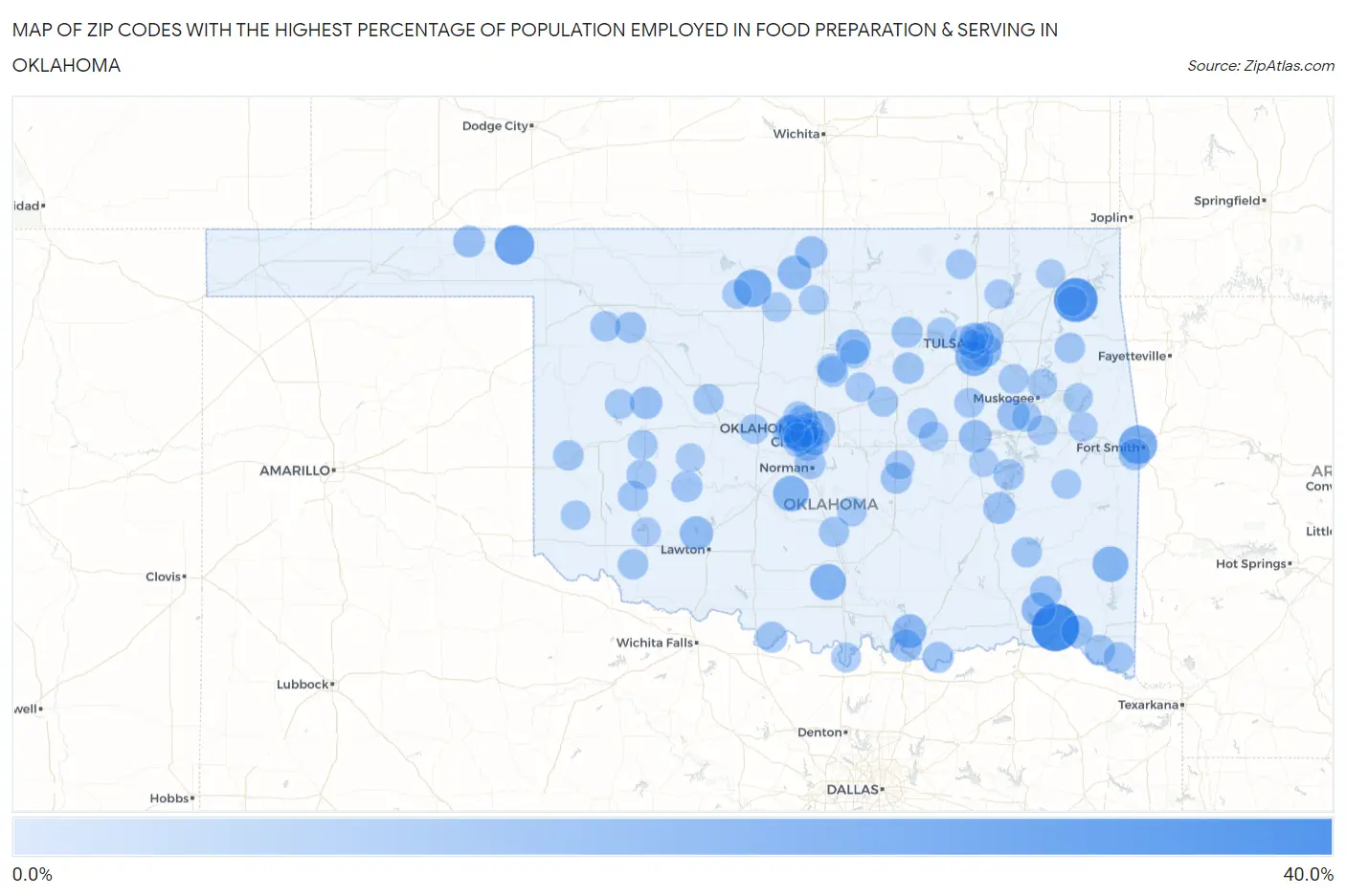 Zip Codes with the Highest Percentage of Population Employed in Food Preparation & Serving in Oklahoma Map