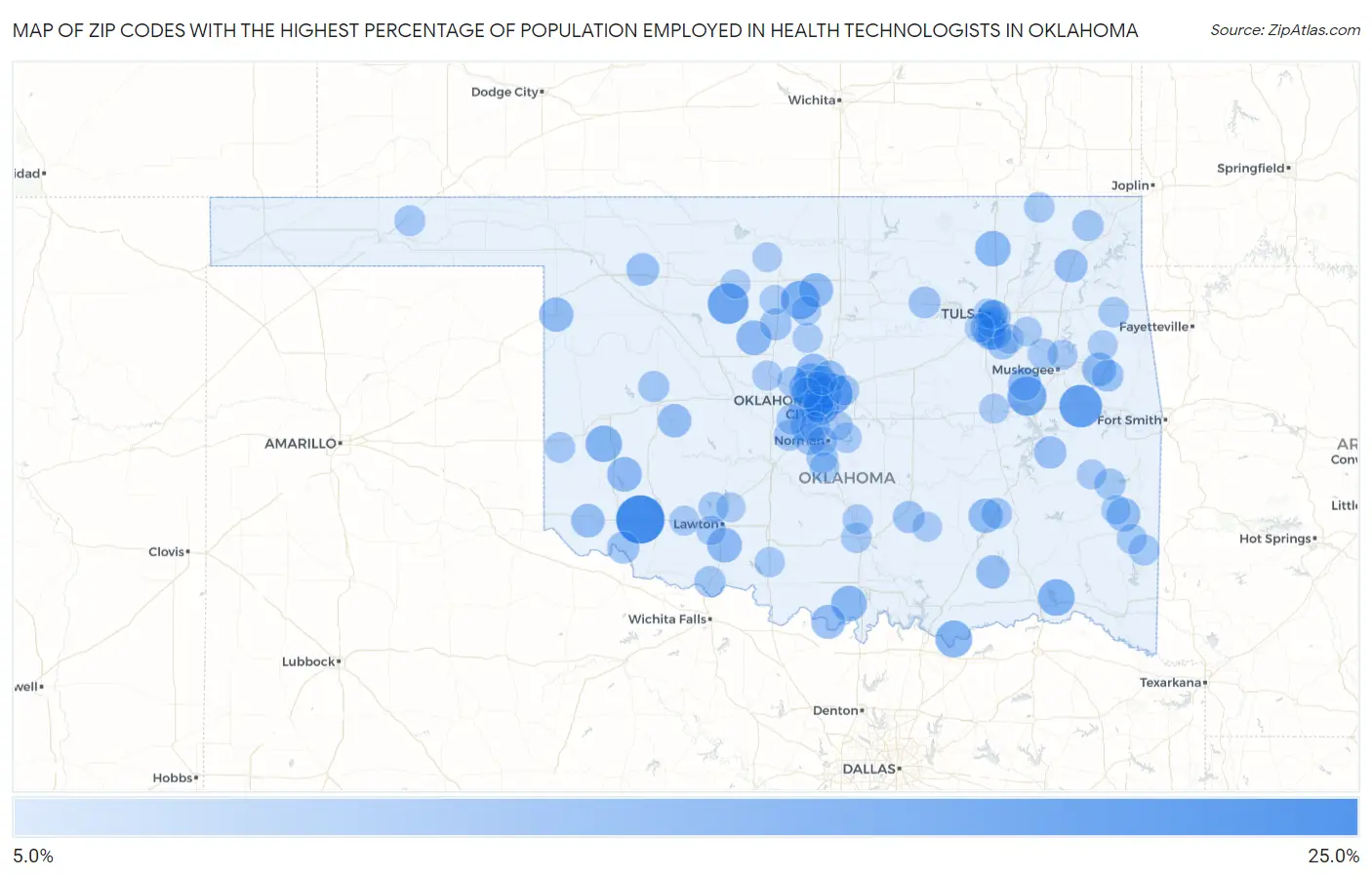 Zip Codes with the Highest Percentage of Population Employed in Health Technologists in Oklahoma Map