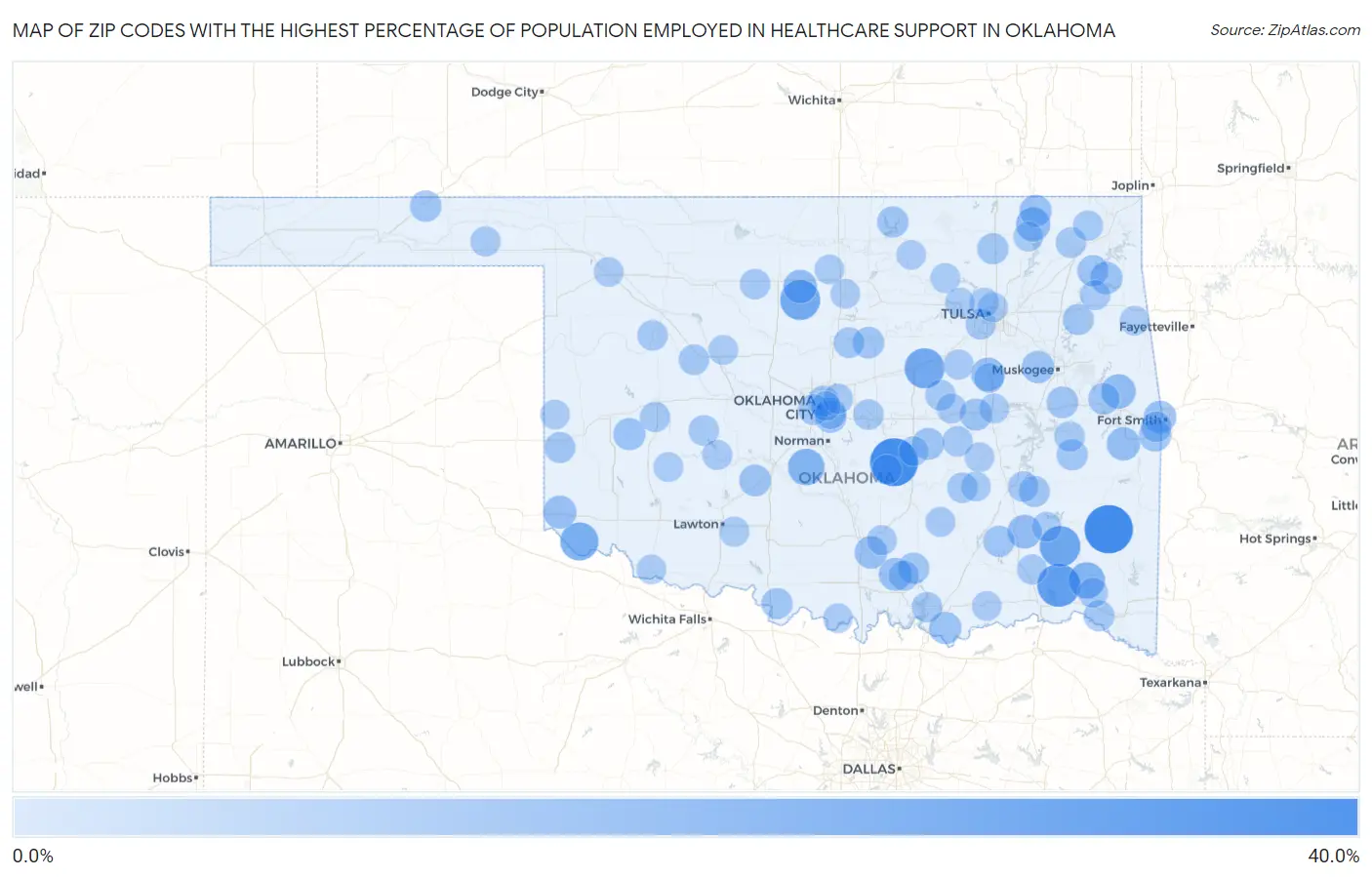 Zip Codes with the Highest Percentage of Population Employed in Healthcare Support in Oklahoma Map
