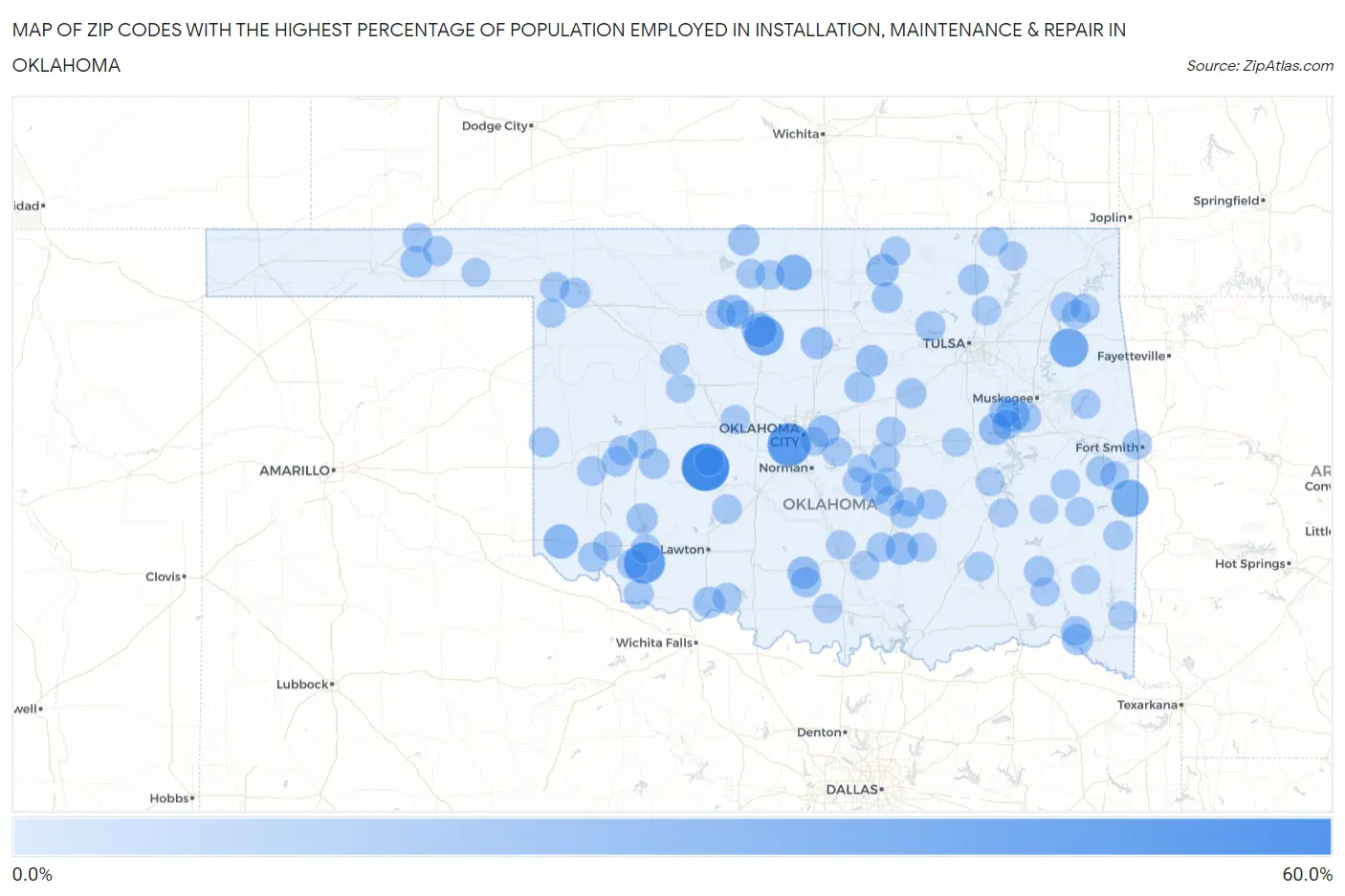 Zip Codes with the Highest Percentage of Population Employed in Installation, Maintenance & Repair in Oklahoma Map