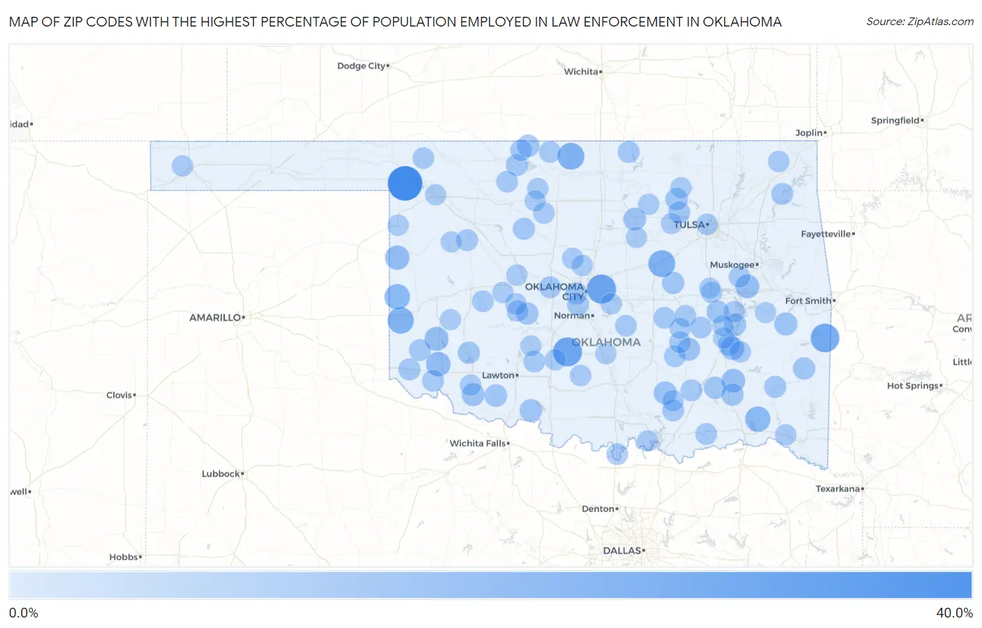 Zip Codes with the Highest Percentage of Population Employed in Law Enforcement in Oklahoma Map