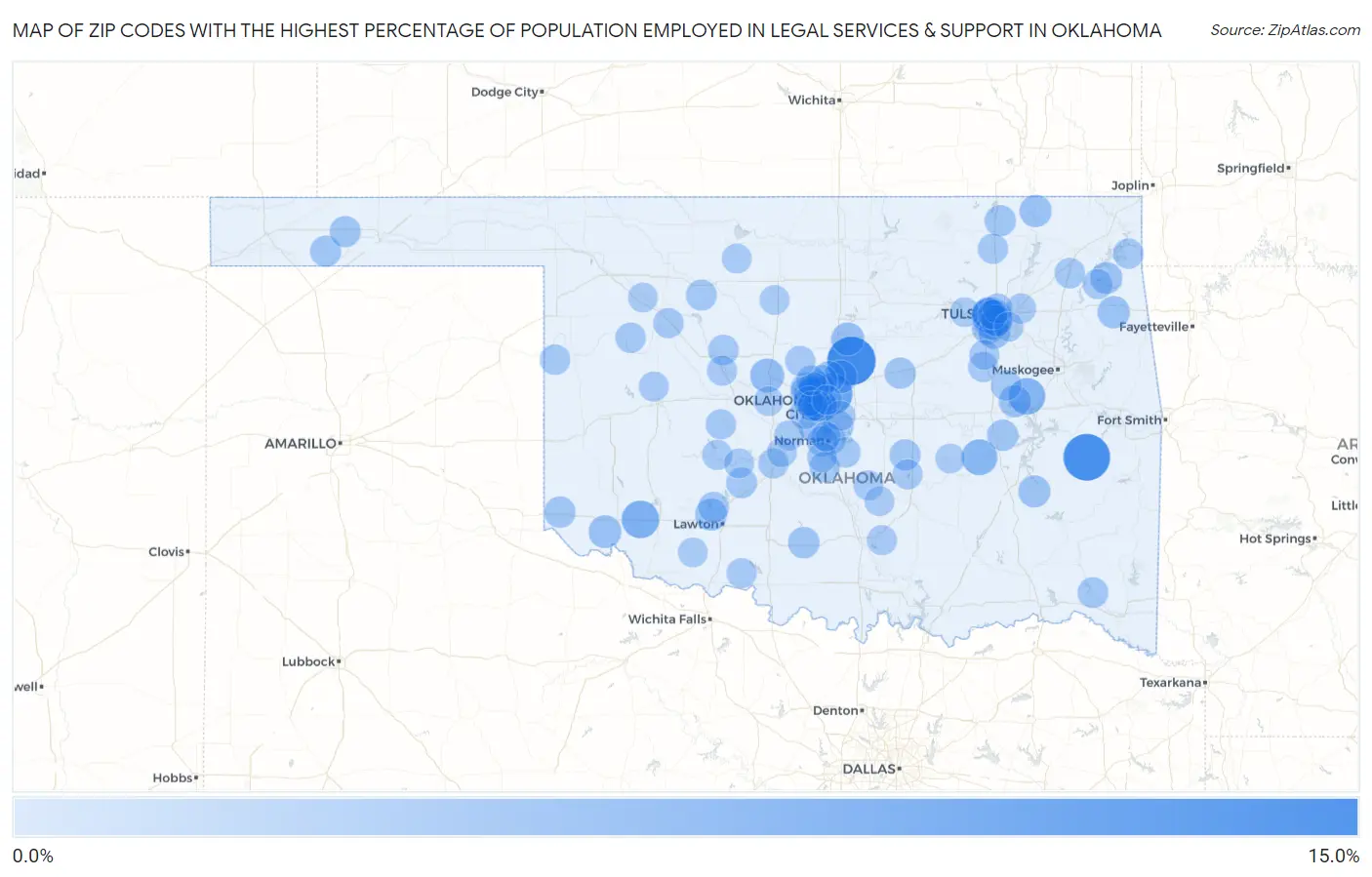 Zip Codes with the Highest Percentage of Population Employed in Legal Services & Support in Oklahoma Map