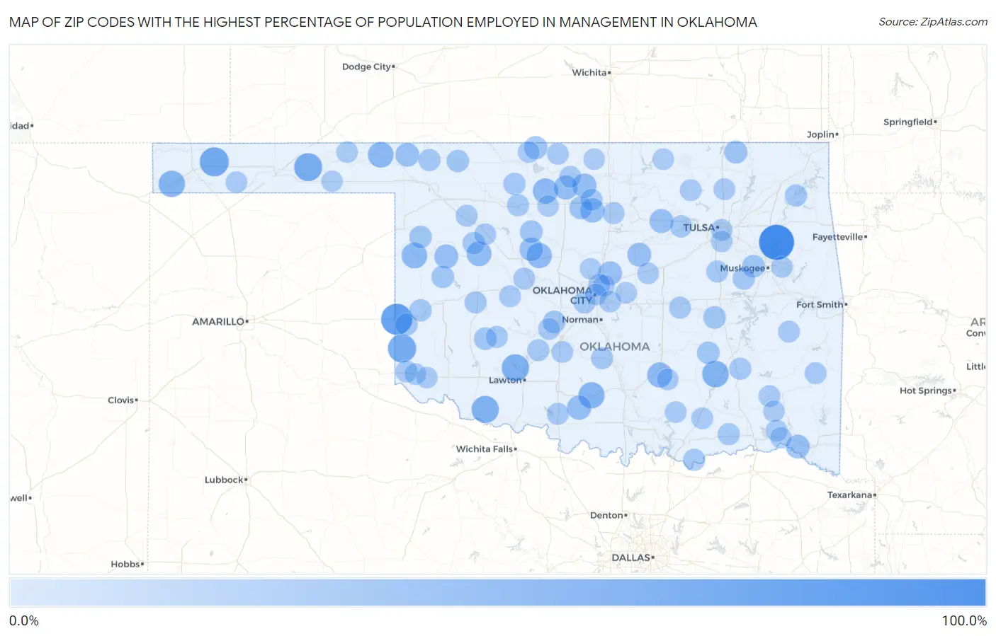 Zip Codes with the Highest Percentage of Population Employed in Management in Oklahoma Map