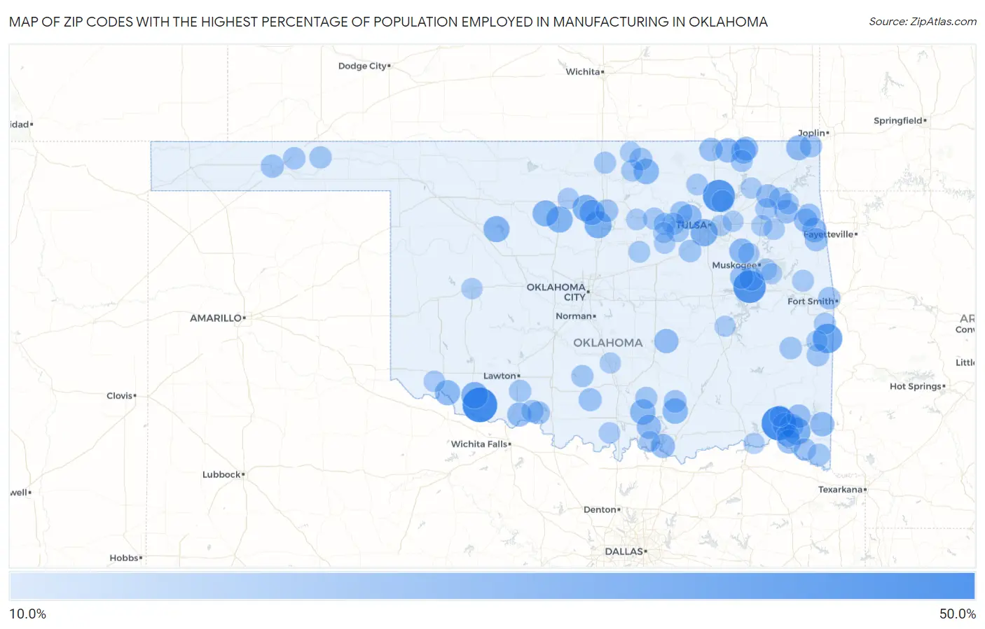 Zip Codes with the Highest Percentage of Population Employed in Manufacturing in Oklahoma Map