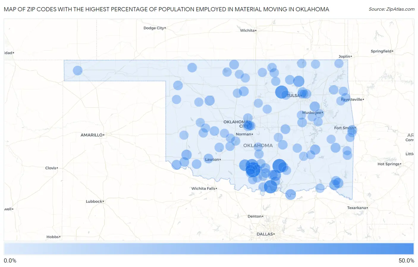Zip Codes with the Highest Percentage of Population Employed in Material Moving in Oklahoma Map