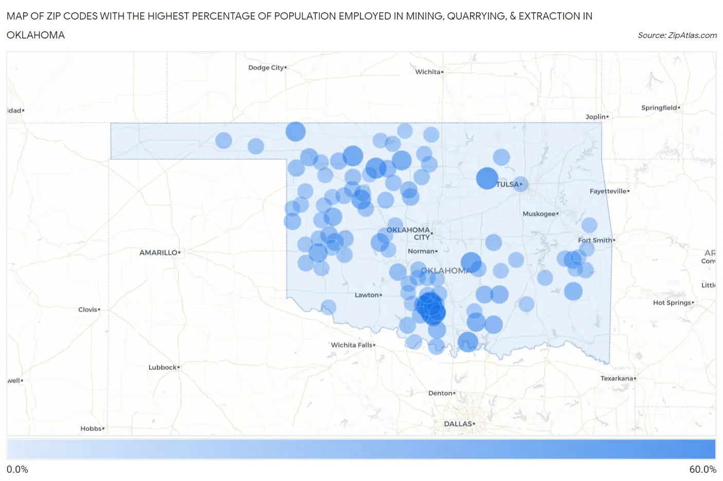 Zip Codes with the Highest Percentage of Population Employed in Mining, Quarrying, & Extraction in Oklahoma Map
