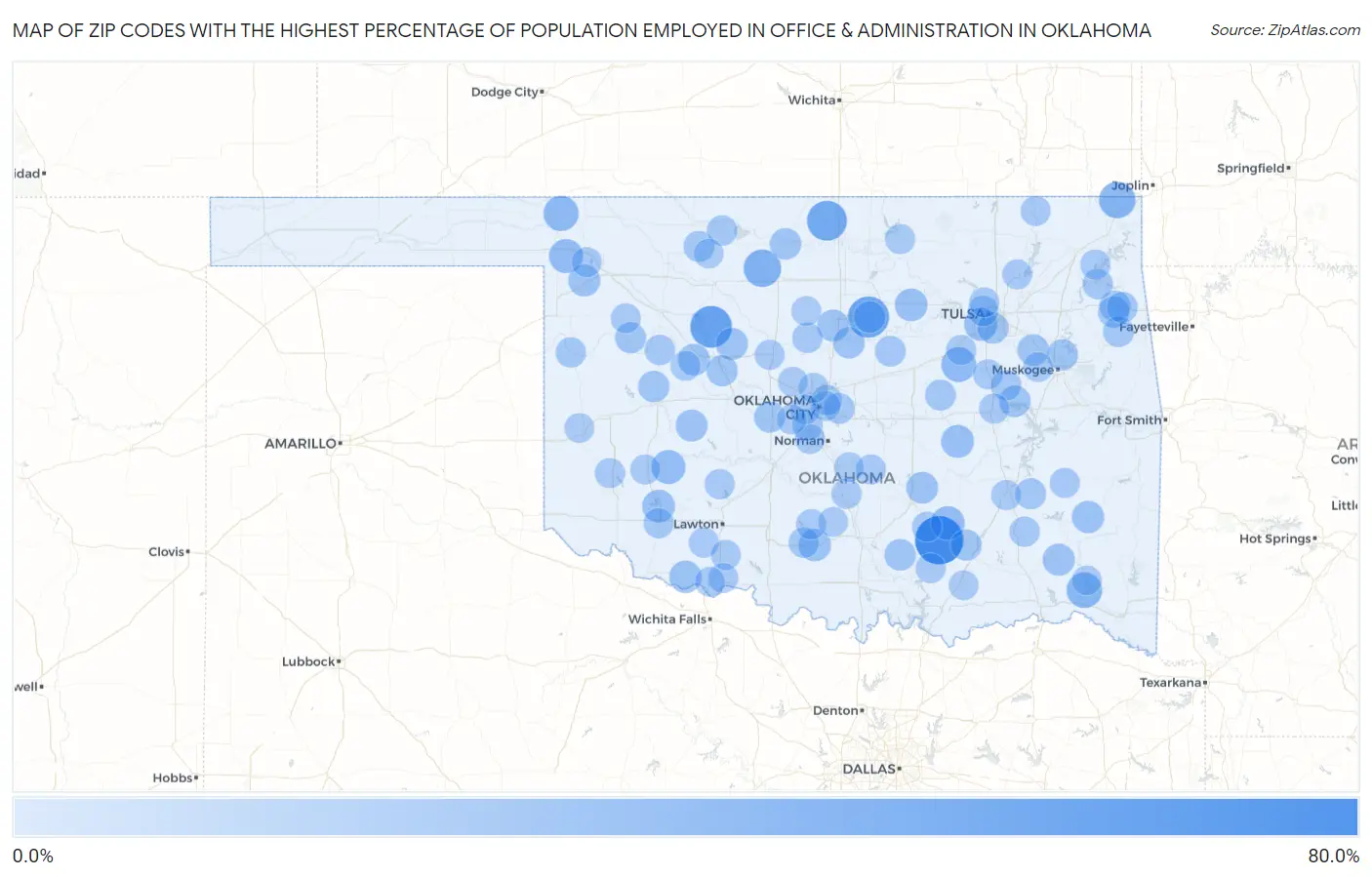 Zip Codes with the Highest Percentage of Population Employed in Office & Administration in Oklahoma Map