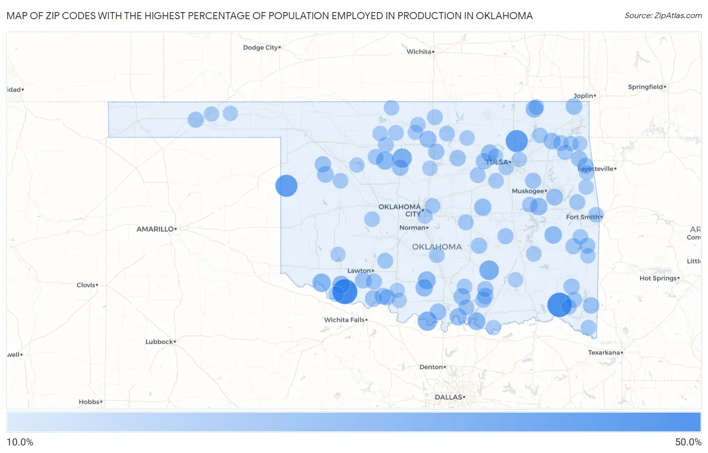Zip Codes with the Highest Percentage of Population Employed in Production in Oklahoma Map