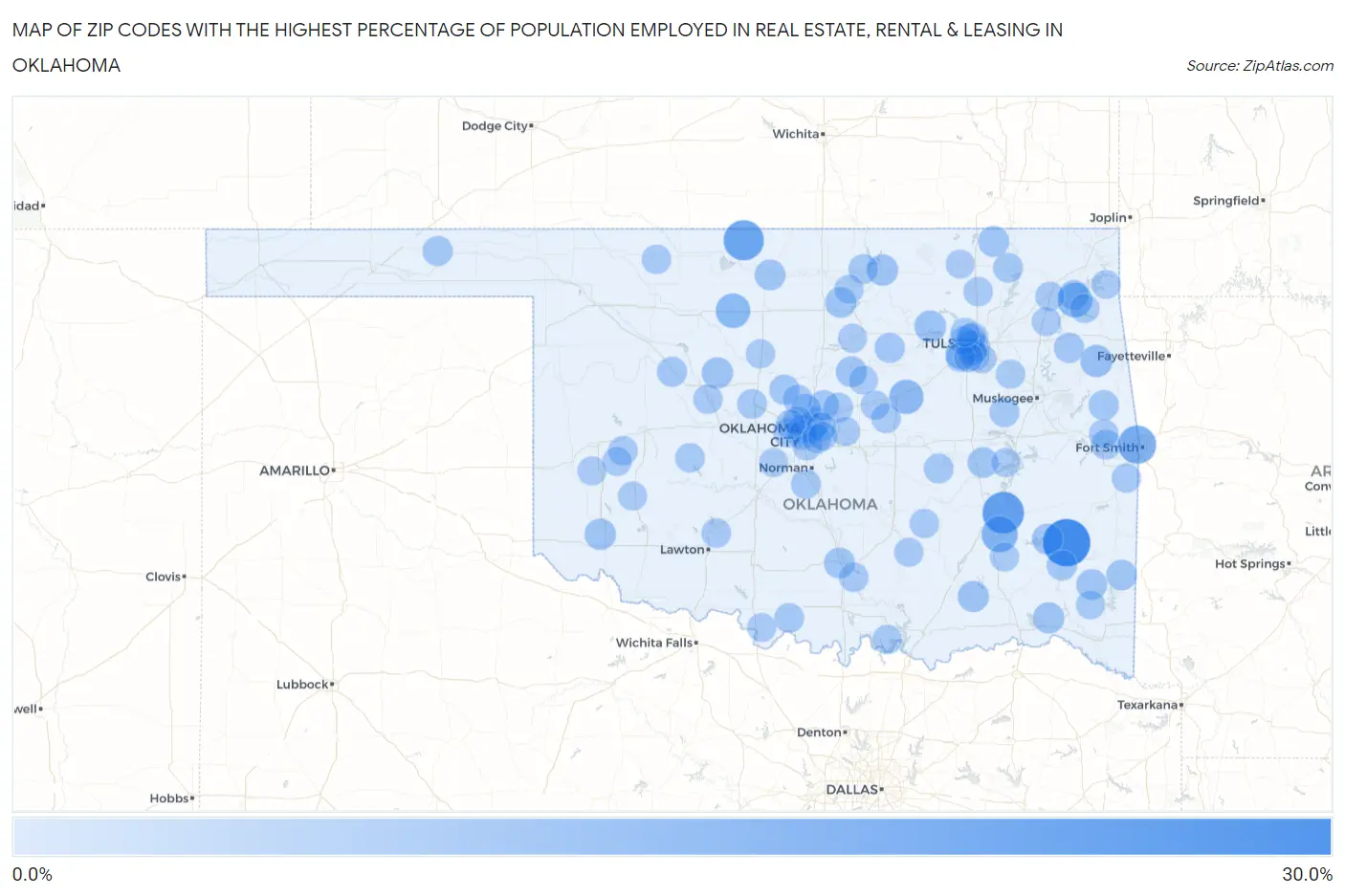 Zip Codes with the Highest Percentage of Population Employed in Real Estate, Rental & Leasing in Oklahoma Map
