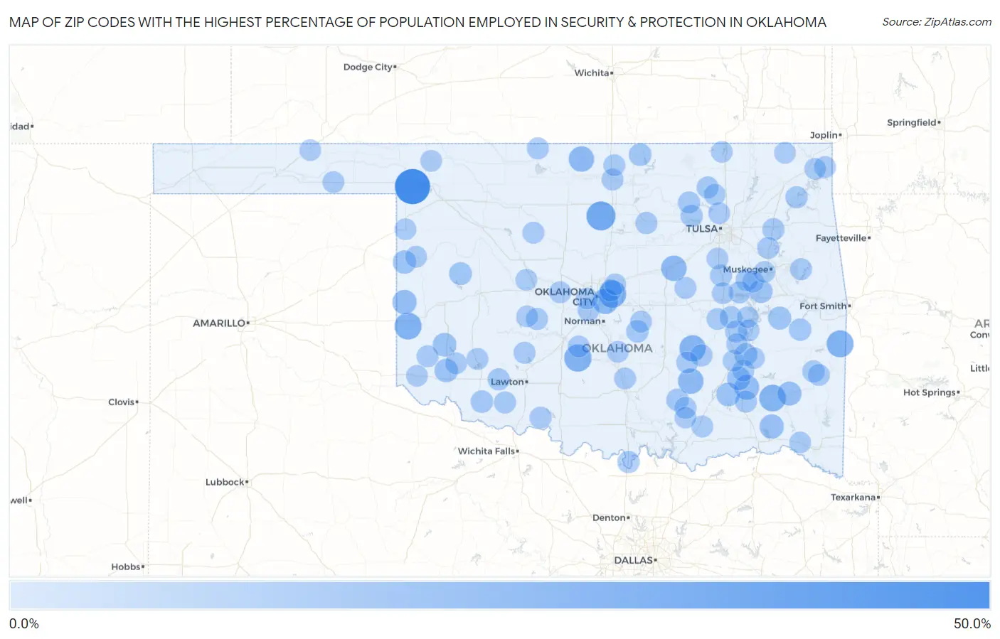 Zip Codes with the Highest Percentage of Population Employed in Security & Protection in Oklahoma Map