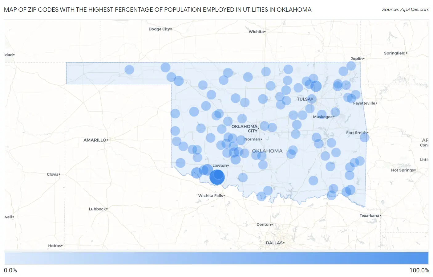 Zip Codes with the Highest Percentage of Population Employed in Utilities in Oklahoma Map