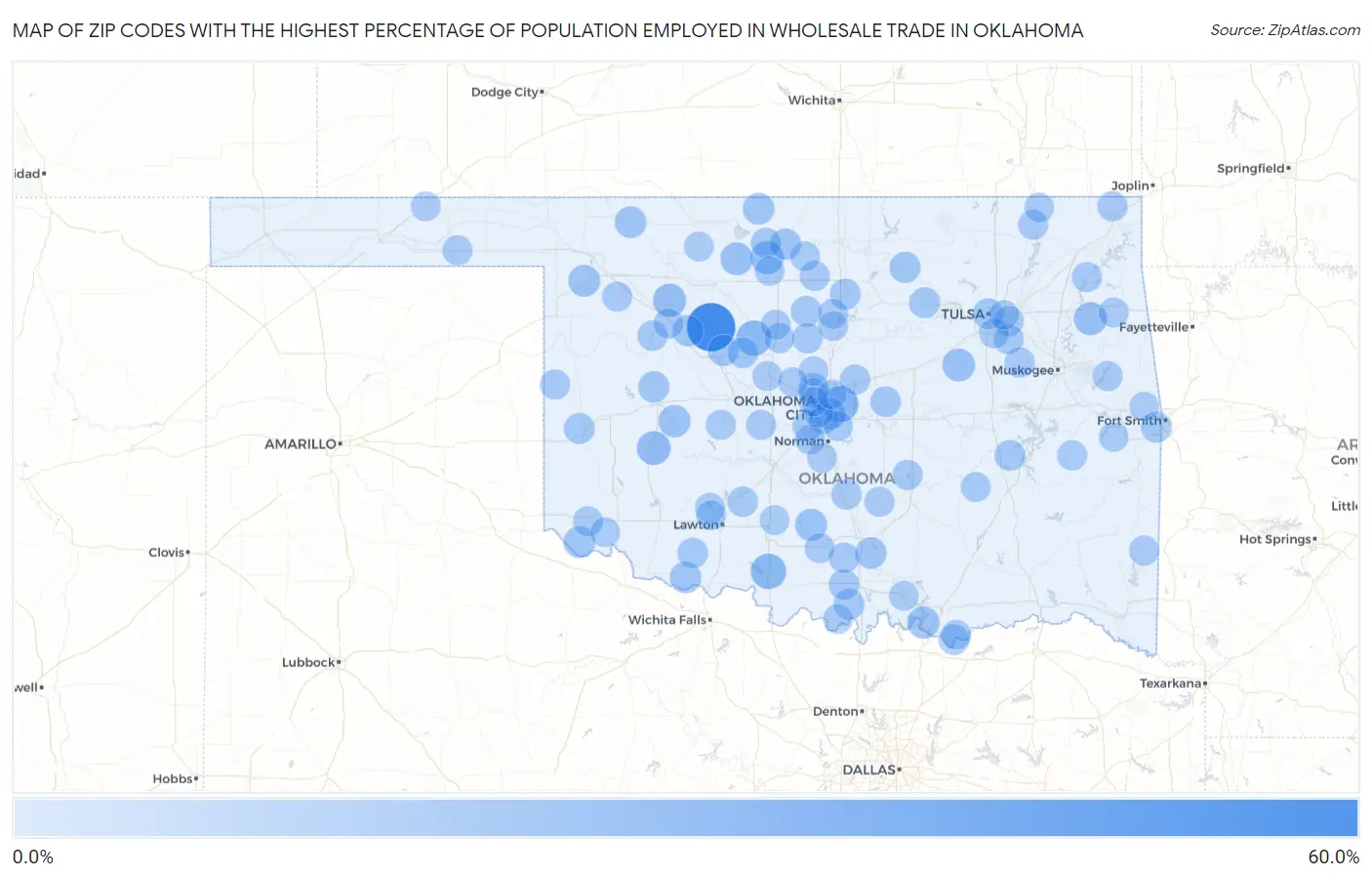 Zip Codes with the Highest Percentage of Population Employed in Wholesale Trade in Oklahoma Map