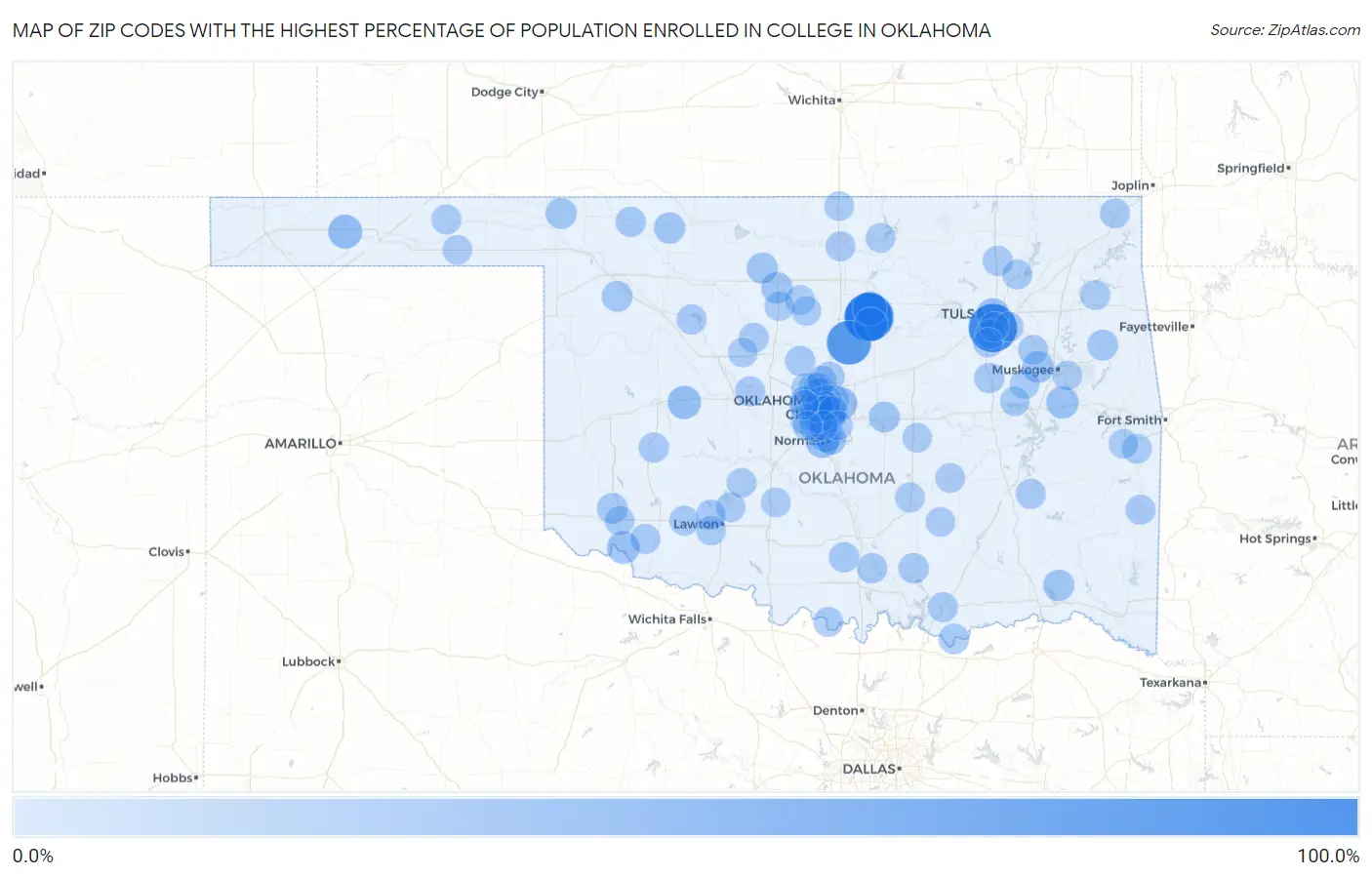 Zip Codes with the Highest Percentage of Population Enrolled in College in Oklahoma Map