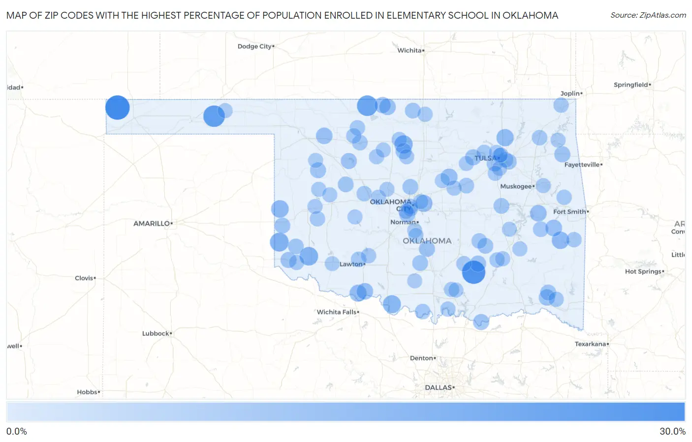Zip Codes with the Highest Percentage of Population Enrolled in Elementary School in Oklahoma Map