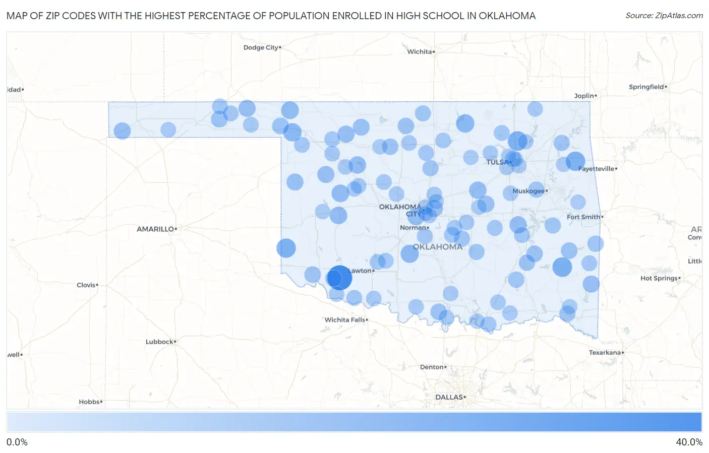 Zip Codes with the Highest Percentage of Population Enrolled in High School in Oklahoma Map