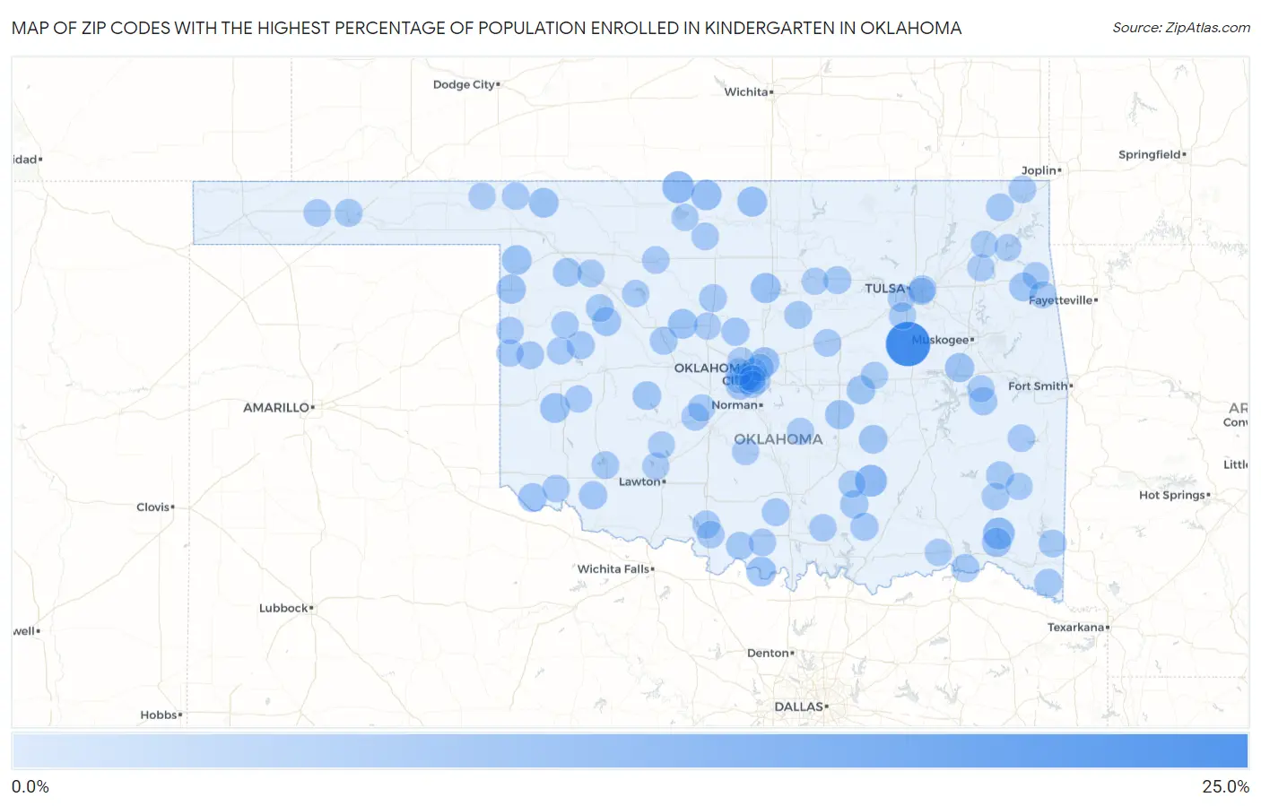 Zip Codes with the Highest Percentage of Population Enrolled in Kindergarten in Oklahoma Map