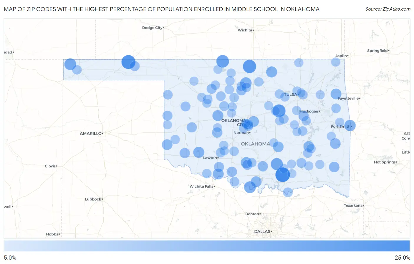 Zip Codes with the Highest Percentage of Population Enrolled in Middle School in Oklahoma Map