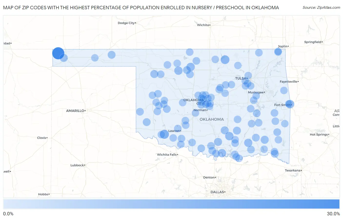 Zip Codes with the Highest Percentage of Population Enrolled in Nursery / Preschool in Oklahoma Map