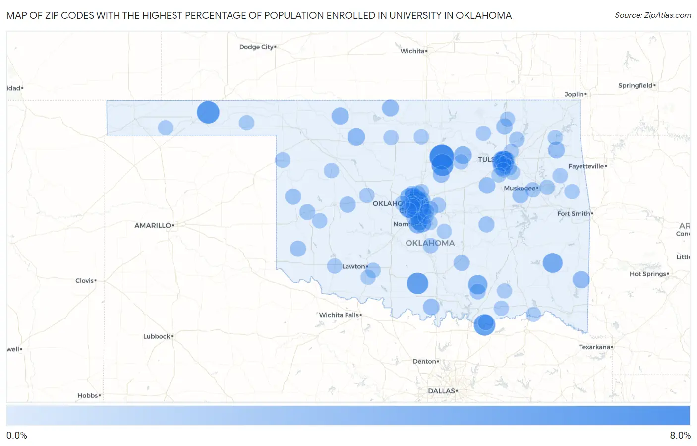 Zip Codes with the Highest Percentage of Population Enrolled in University in Oklahoma Map