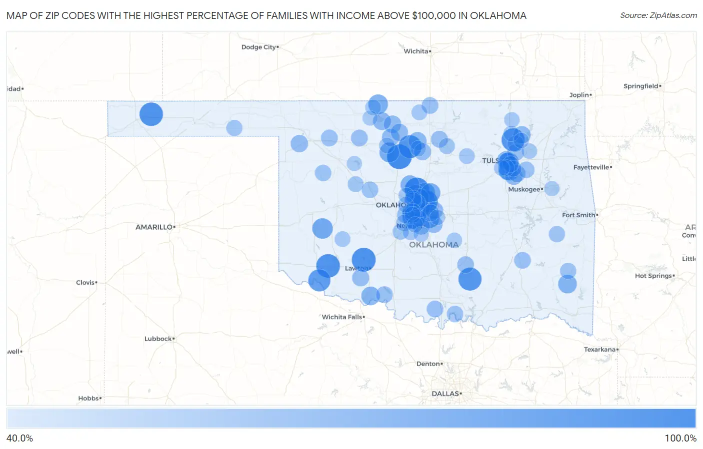 Zip Codes with the Highest Percentage of Families with Income Above $100,000 in Oklahoma Map