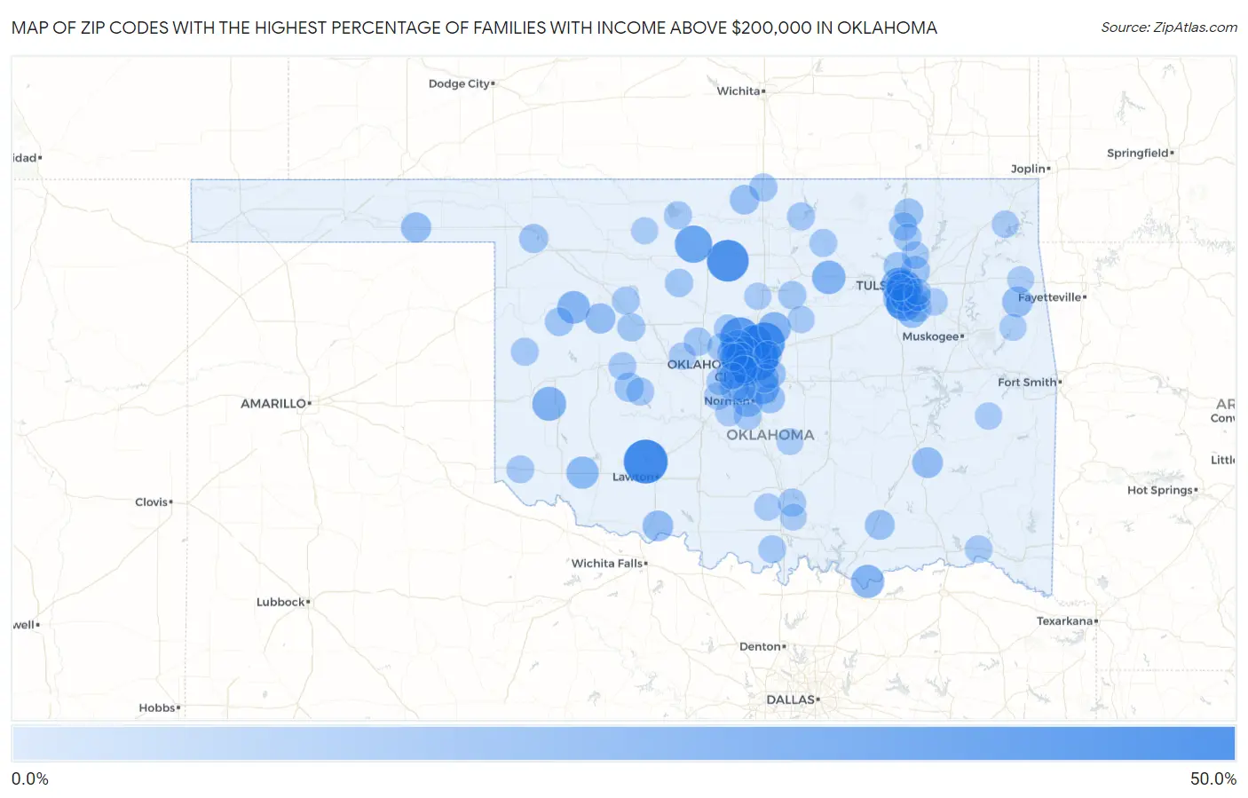 Zip Codes with the Highest Percentage of Families with Income Above $200,000 in Oklahoma Map
