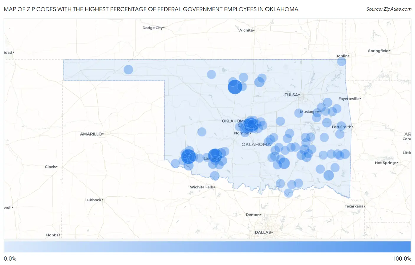 Zip Codes with the Highest Percentage of Federal Government Employees in Oklahoma Map