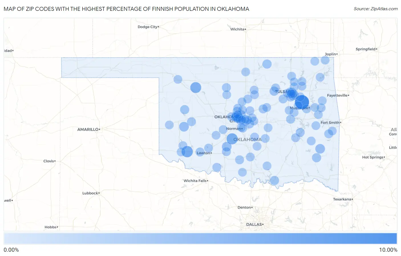 Zip Codes with the Highest Percentage of Finnish Population in Oklahoma Map