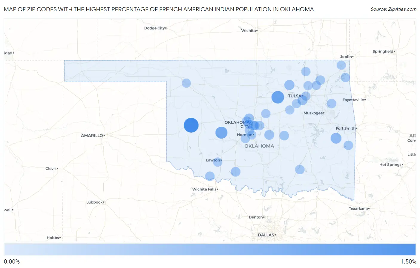 Zip Codes with the Highest Percentage of French American Indian Population in Oklahoma Map