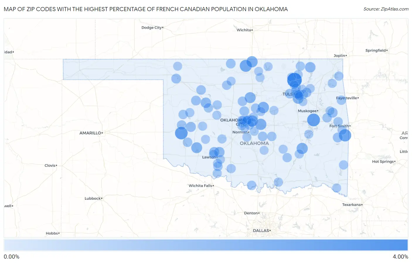Zip Codes with the Highest Percentage of French Canadian Population in Oklahoma Map