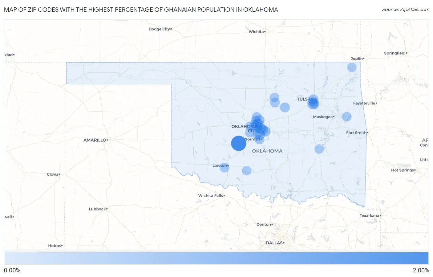 Zip Codes with the Highest Percentage of Ghanaian Population in Oklahoma Map
