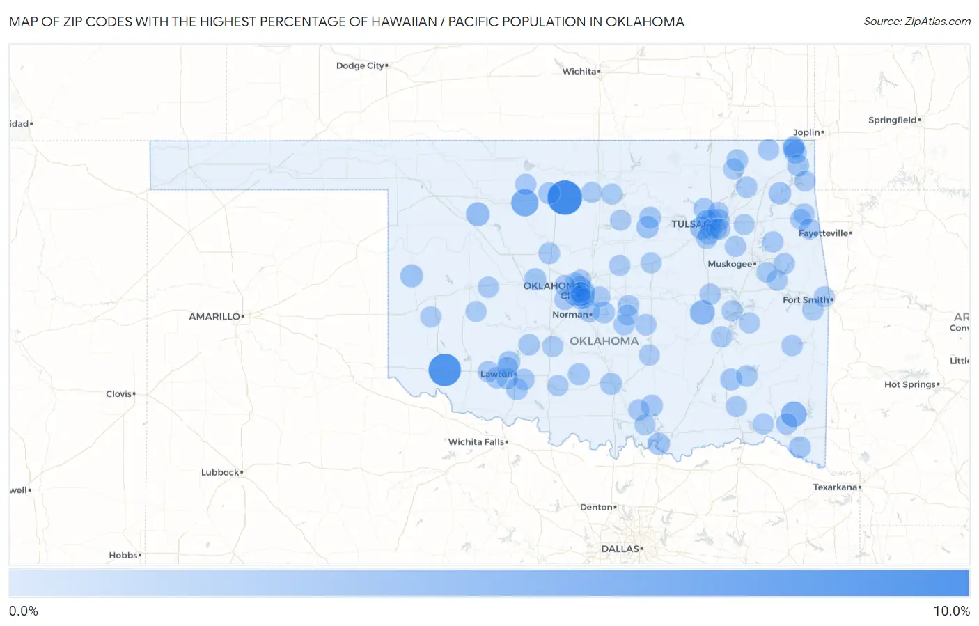 Zip Codes with the Highest Percentage of Hawaiian / Pacific Population in Oklahoma Map