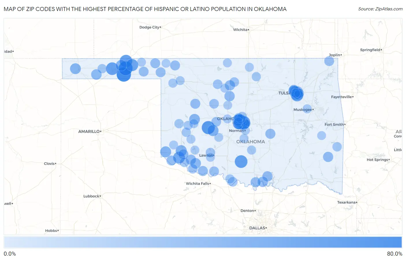 Zip Codes with the Highest Percentage of Hispanic or Latino Population in Oklahoma Map