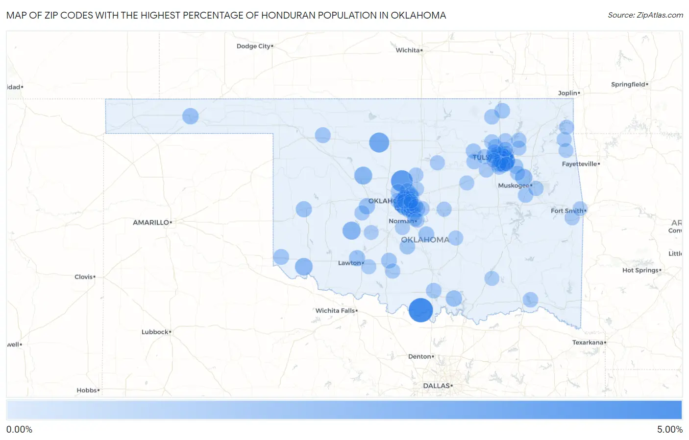 Zip Codes with the Highest Percentage of Honduran Population in Oklahoma Map