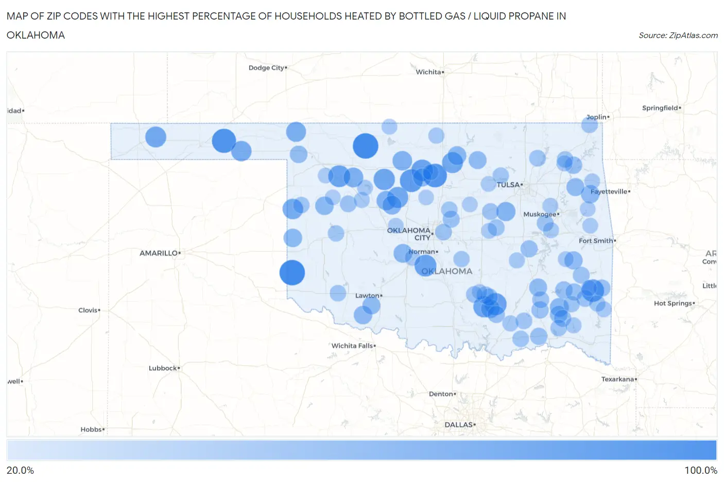 Zip Codes with the Highest Percentage of Households Heated by Bottled Gas / Liquid Propane in Oklahoma Map