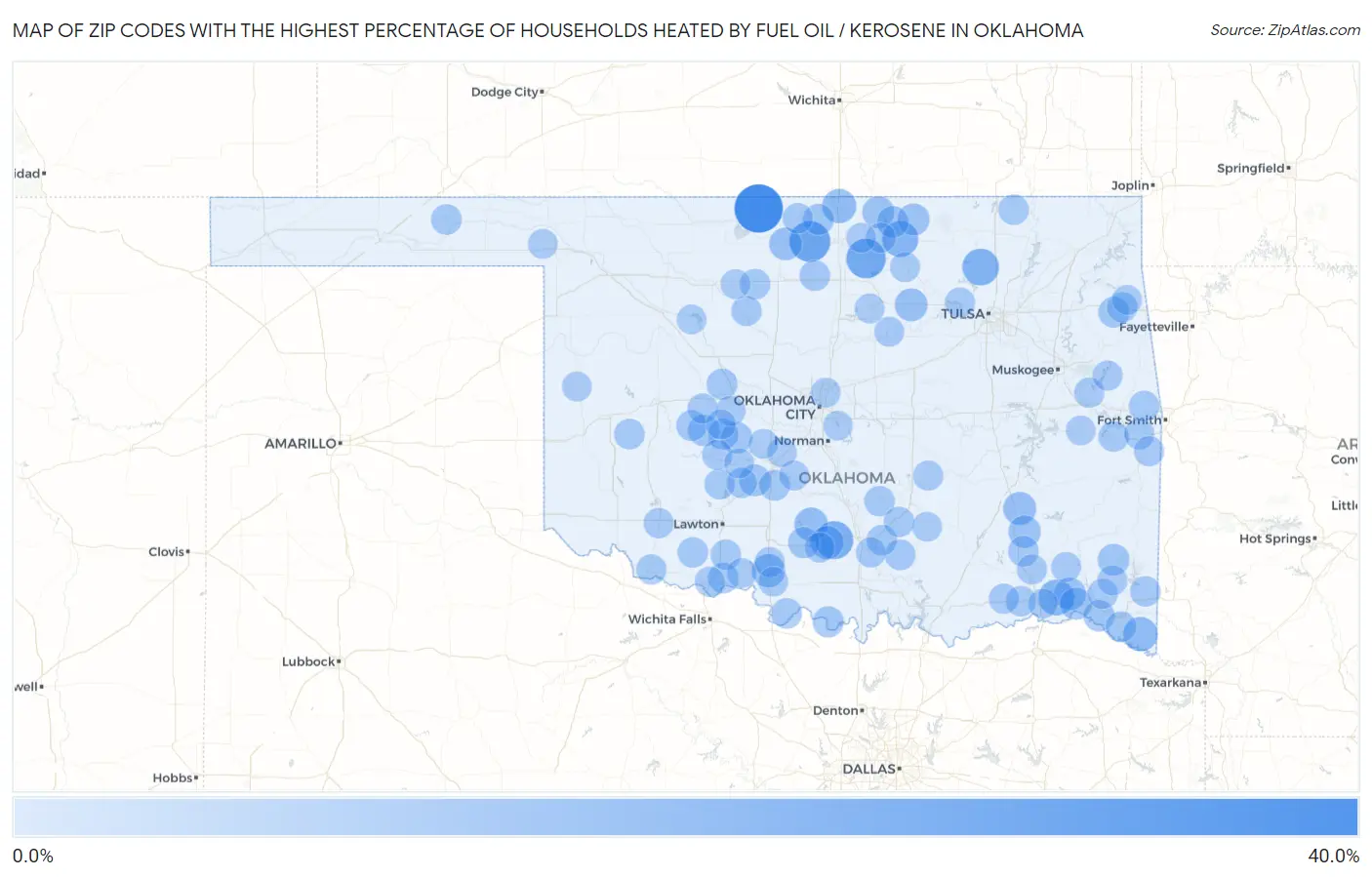 Zip Codes with the Highest Percentage of Households Heated by Fuel Oil / Kerosene in Oklahoma Map