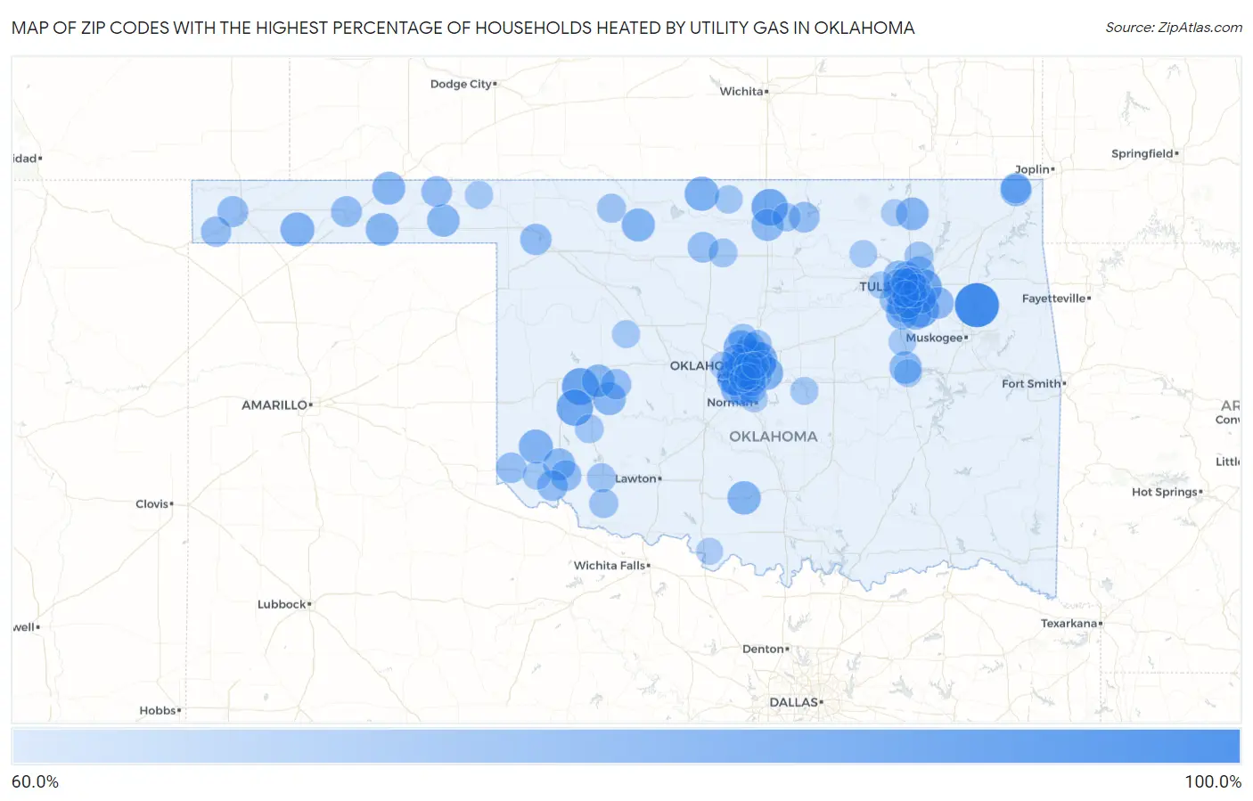 Zip Codes with the Highest Percentage of Households Heated by Utility Gas in Oklahoma Map
