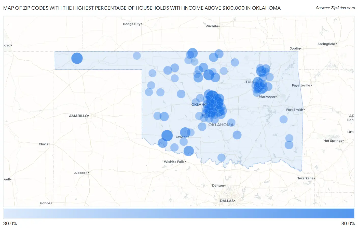 Zip Codes with the Highest Percentage of Households with Income Above $100,000 in Oklahoma Map