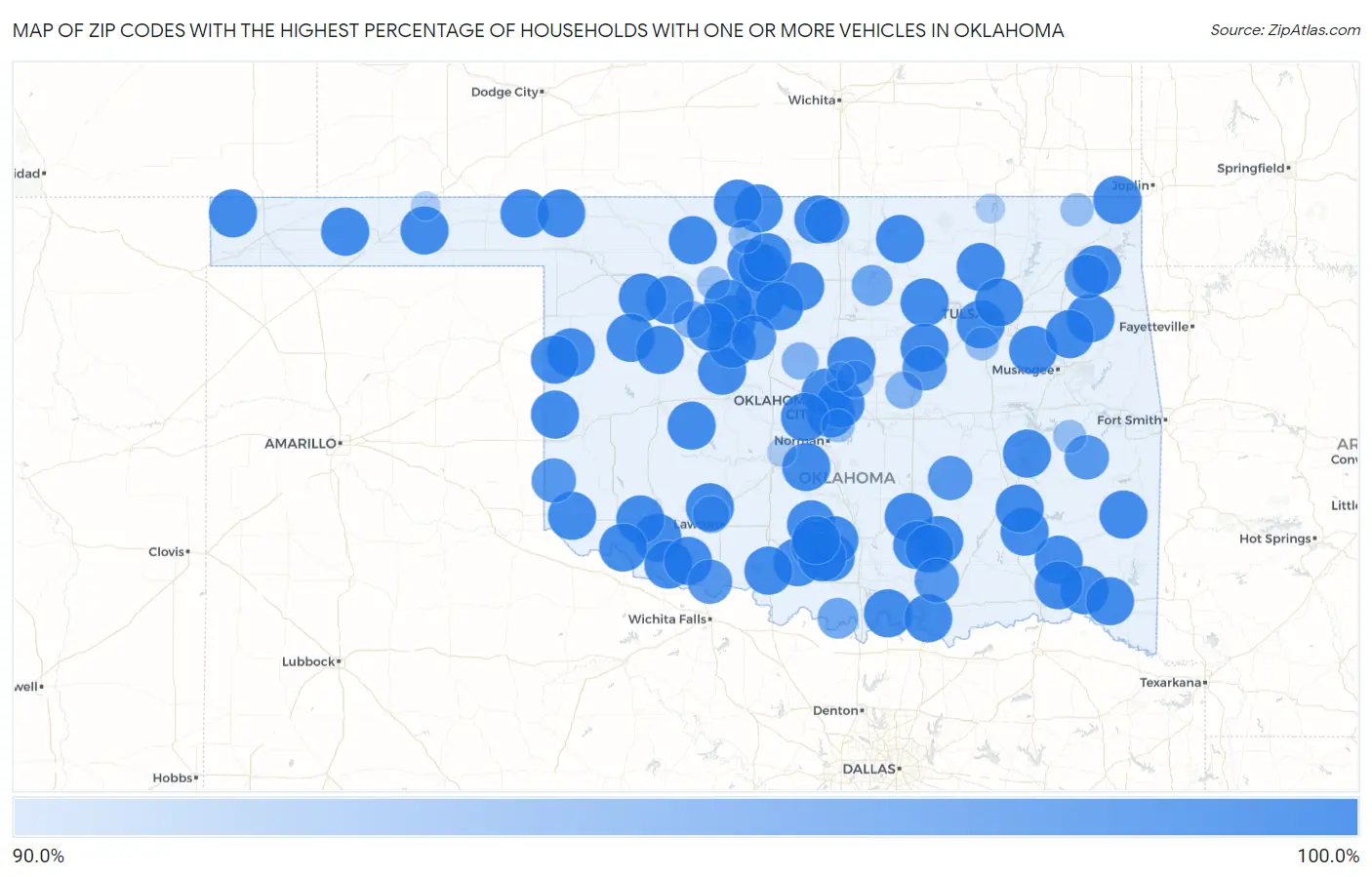 Zip Codes with the Highest Percentage of Households With One or more Vehicles in Oklahoma Map