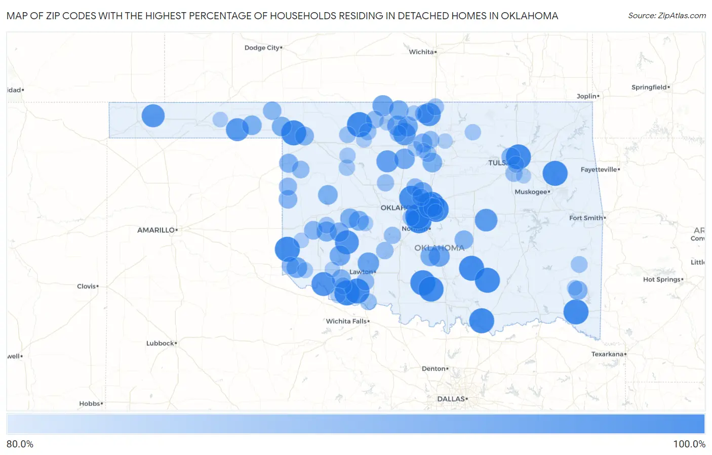 Zip Codes with the Highest Percentage of Households Residing in Detached Homes in Oklahoma Map
