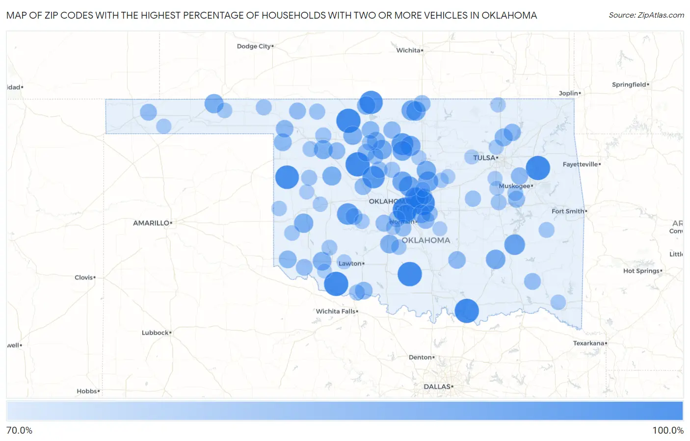 Zip Codes with the Highest Percentage of Households With Two or more Vehicles in Oklahoma Map