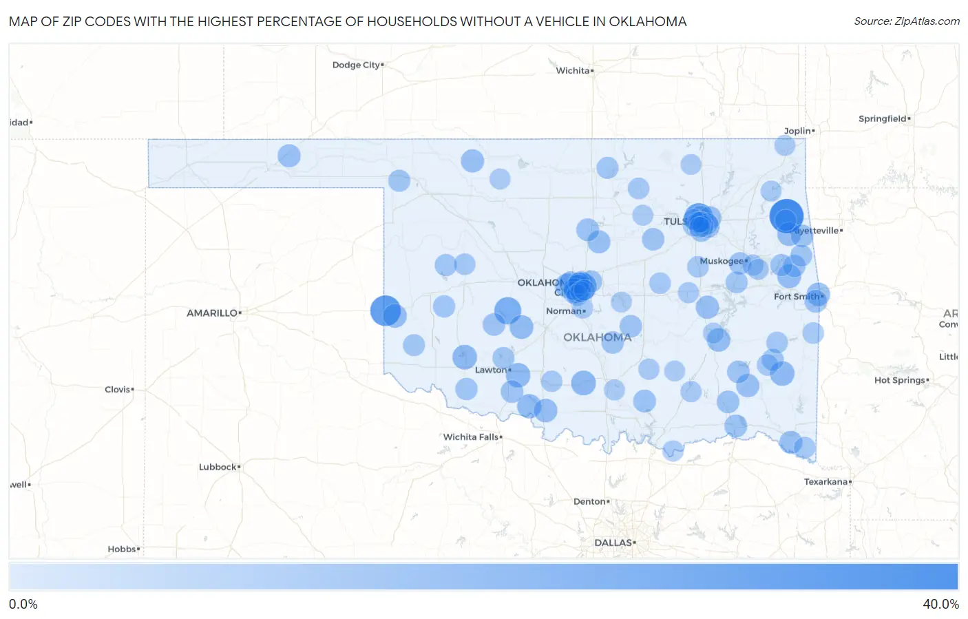Zip Codes with the Highest Percentage of Households Without a Vehicle in Oklahoma Map