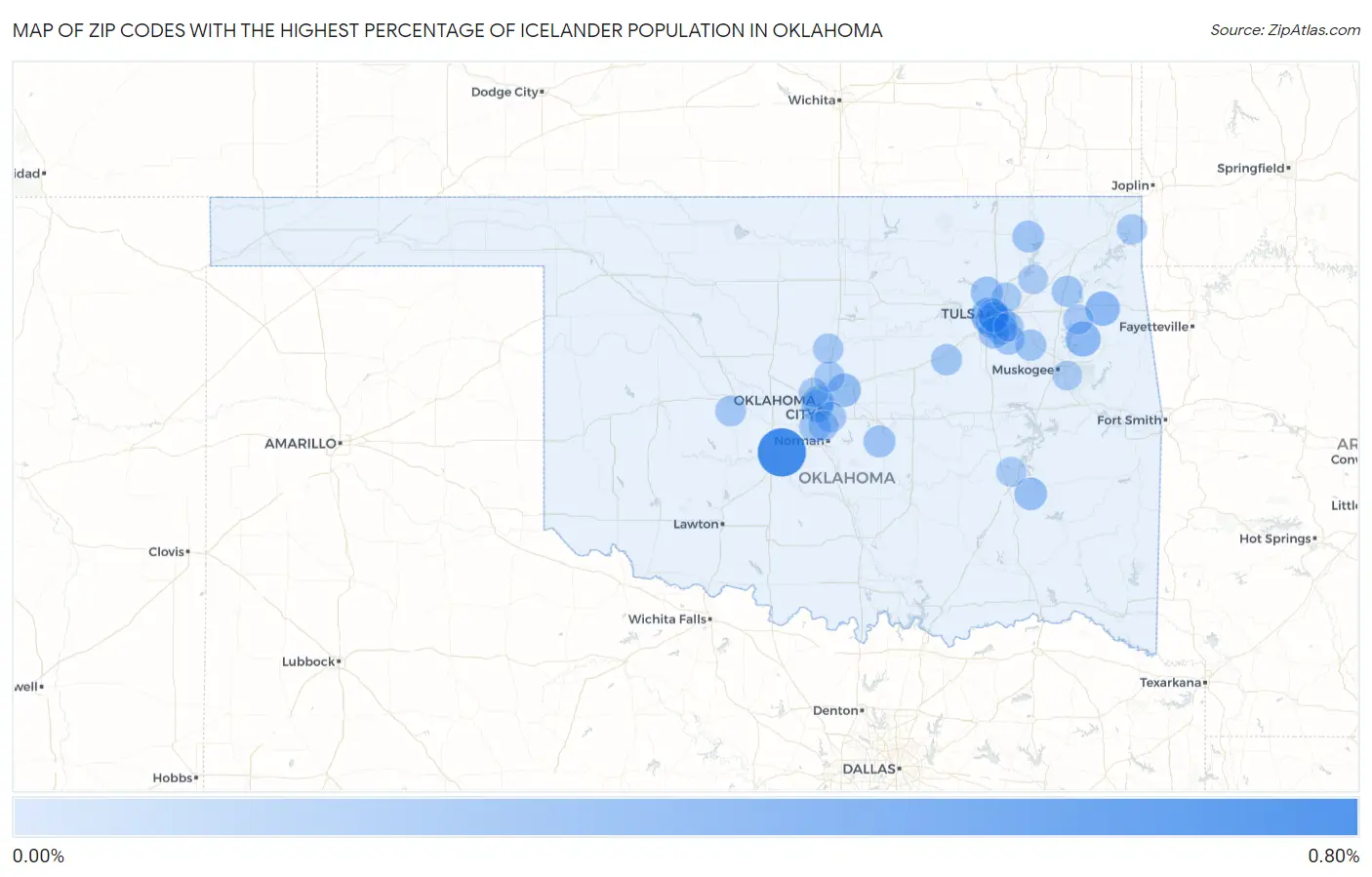 Zip Codes with the Highest Percentage of Icelander Population in Oklahoma Map