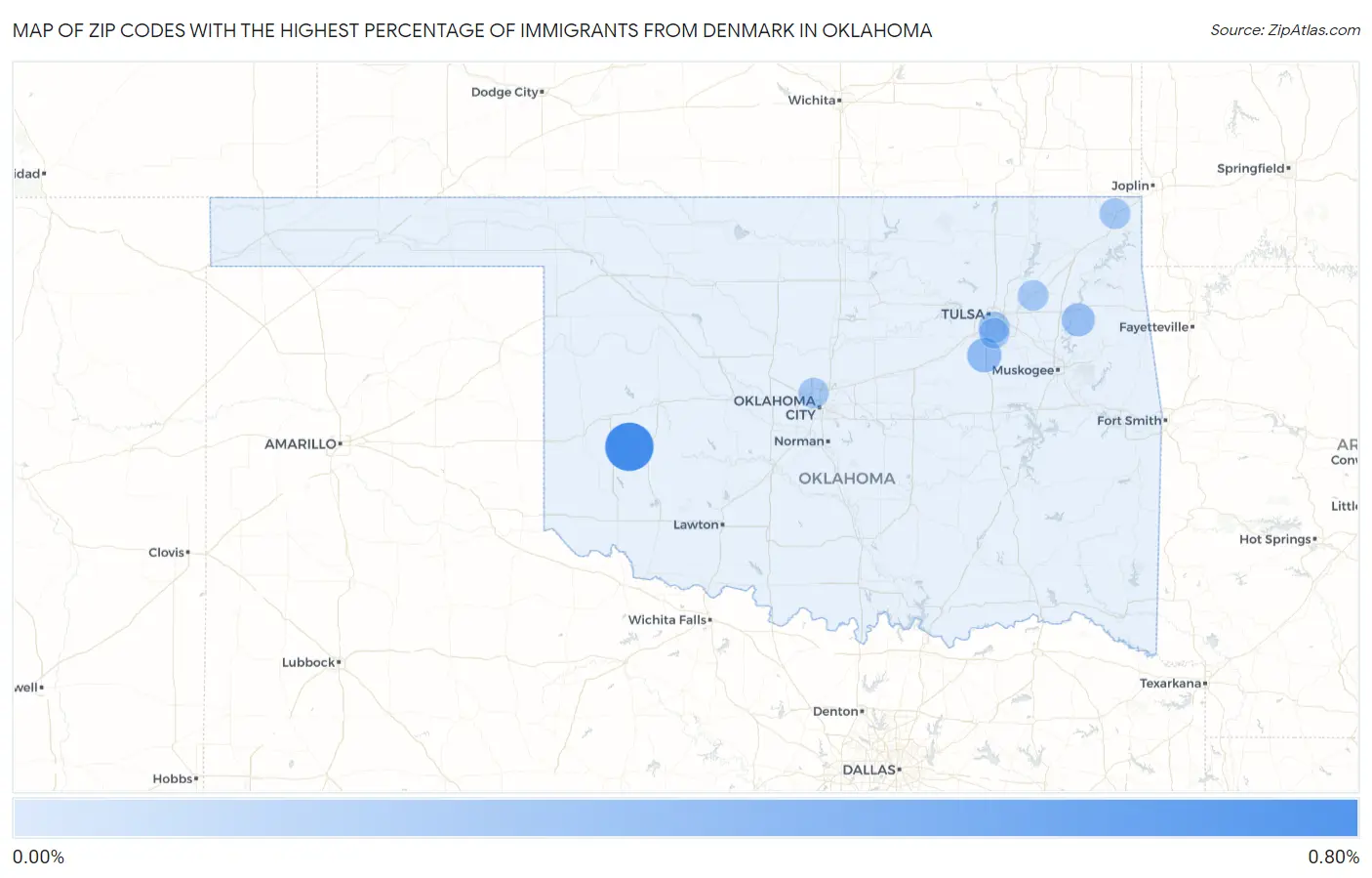 Zip Codes with the Highest Percentage of Immigrants from Denmark in Oklahoma Map