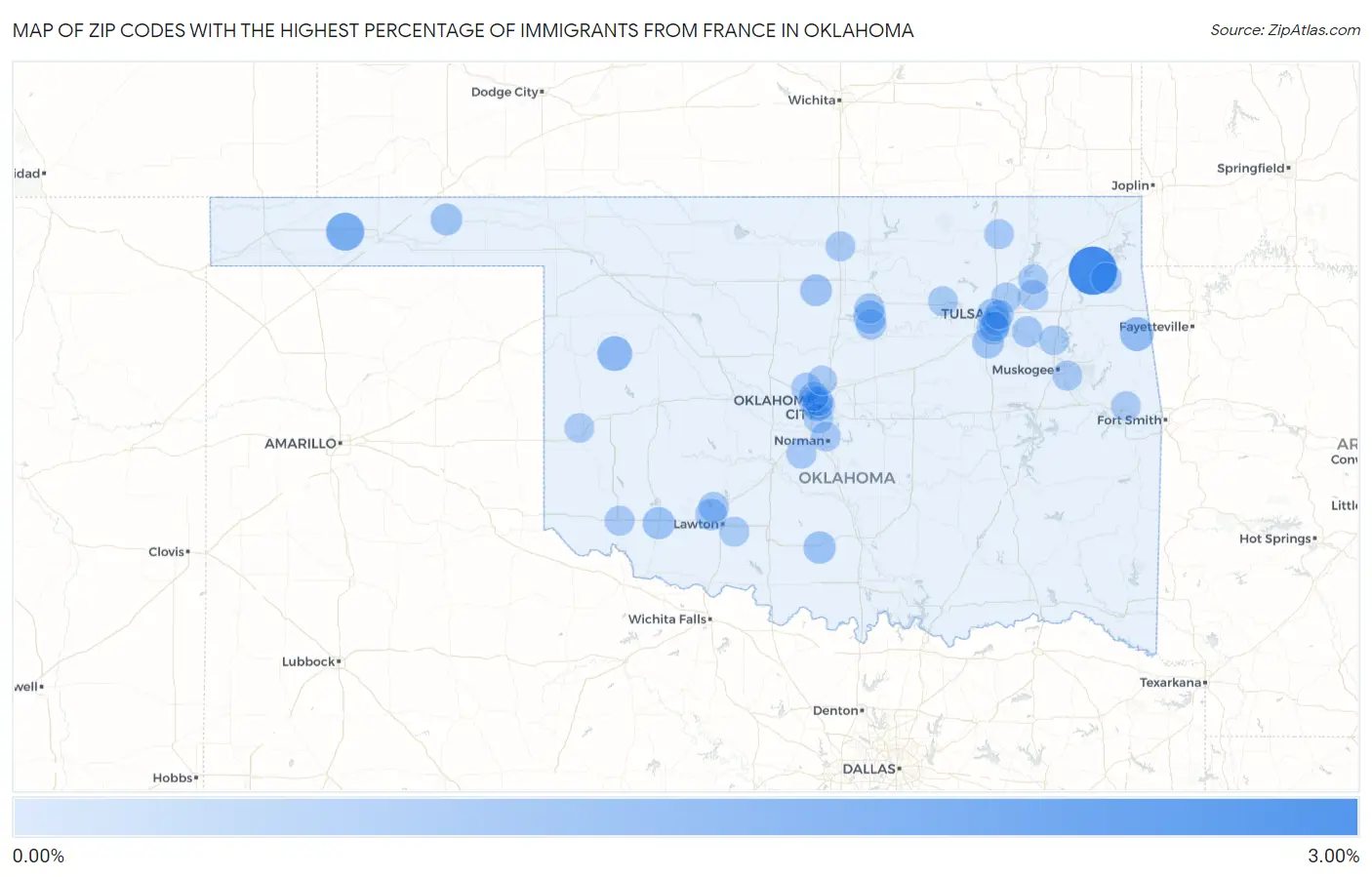Zip Codes with the Highest Percentage of Immigrants from France in Oklahoma Map