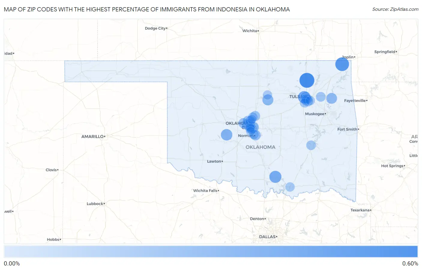 Zip Codes with the Highest Percentage of Immigrants from Indonesia in Oklahoma Map